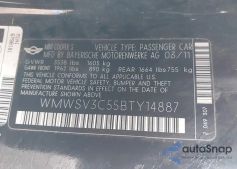 2011 Mini Cooper S from USA, damaged, VIN WMWSV3C55BTY14887